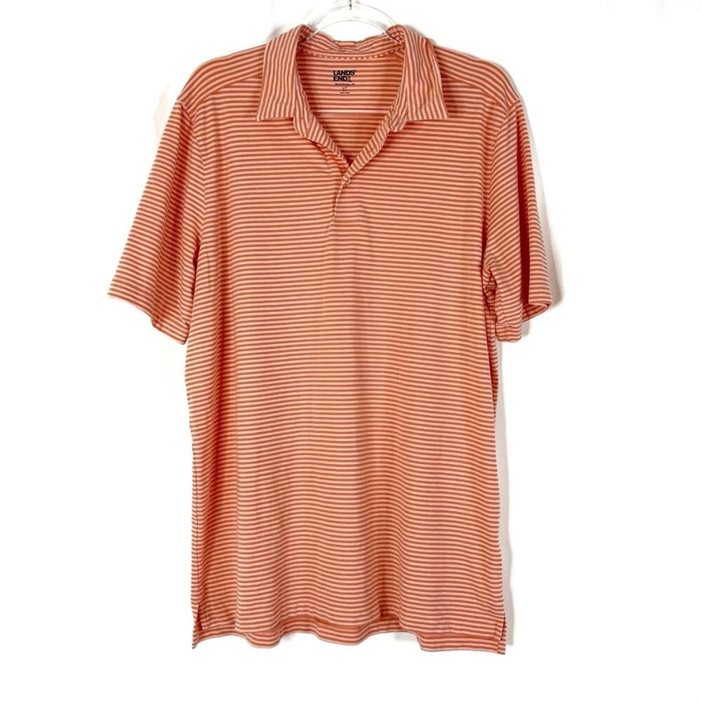 Lands' End | Mens' Coral Orange Stripe Traditional Fit Polo Tee L/T